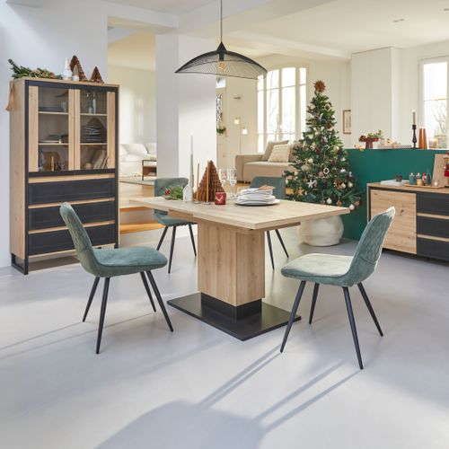 Vitrine 2 portes 3 tiroirs BOSTON Imitation chêne et noir