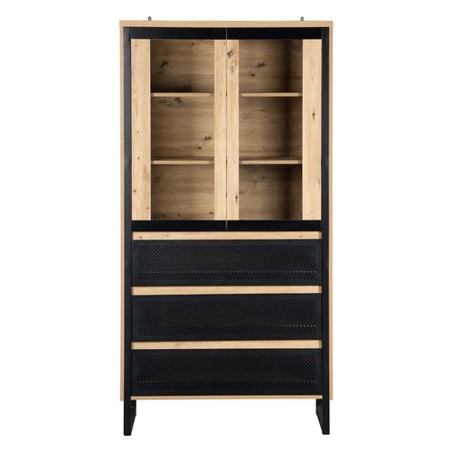 Vitrine 2 portes 3 tiroirs BOSTON Imitation chêne et noir