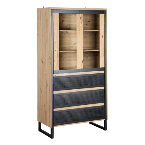 Vitrine 2 portes 3 tiroirs BOSTON Imitation chêne et noir