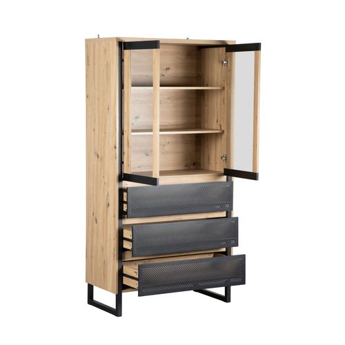 Vitrine 2 portes 3 tiroirs BOSTON Imitation chêne et noir