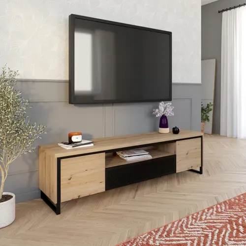 Meuble TV 2 portes 1 tiroir BOSTON Imitation chêne et noir vue d'ambiance 1