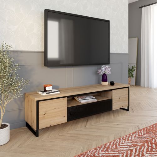 Meuble TV 2 portes 1 tiroir BOSTON Imitation chêne et noir
