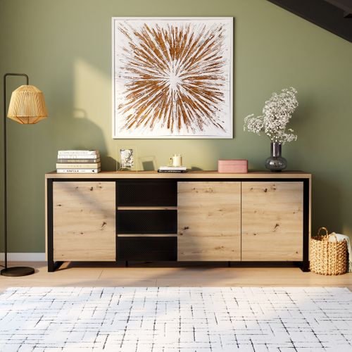 Buffet 3 portes 3 tiroirs BOSTON Imitation chêne et noir