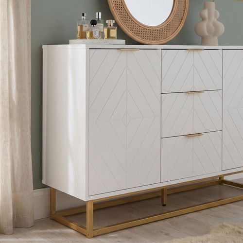 Commode 3 tiroirs 2 portes GLORY blanche et dorée