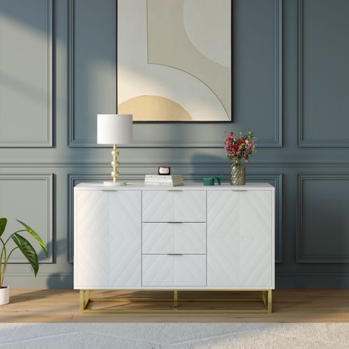 Commode 3 tiroirs 2 portes GLORY blanche et dorée