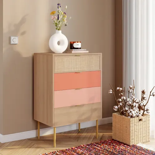 Commode 4 tiroirs ROSY imitation chêne et rose ROSY CHIFF 4T CH/RS vue d'ambiance 1