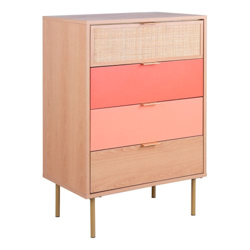 Commode 4 tiroirs ROSY imitation chêne et rose ROSY CHIFF 4T CH/RS vue 3/4