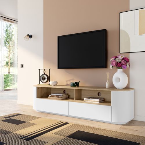 Meuble TV L.180 cm RONDY imitation chêne et blanc vue d'ambiance 1