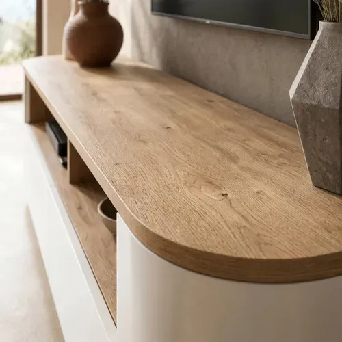 Meuble TV L.180 cm RONDY imitation chêne et blanc