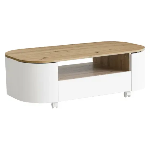 Table basse RONDY 110cm imitation chêne et blanc vue 3/4