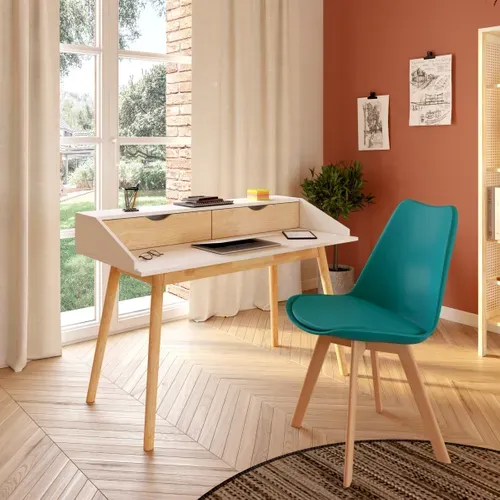 Bureau 2 tiroirs CLEO blanc et hévéa