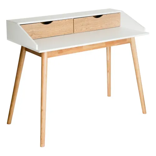Bureau 2 tiroirs CLEO blanc et hévéa vue 3/4