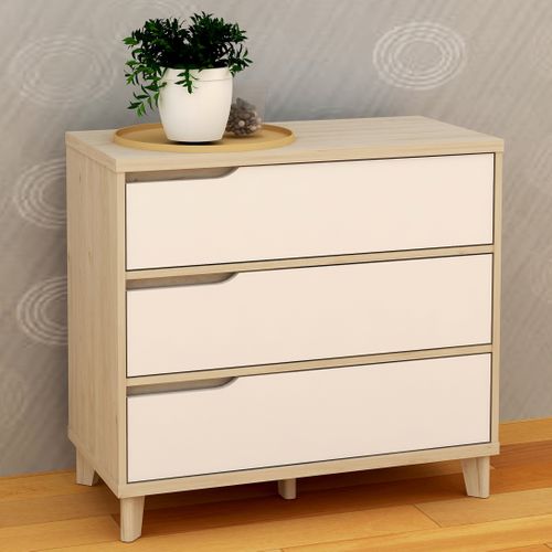Commode 3 tiroirs Nordic imitation chêne et blanc
