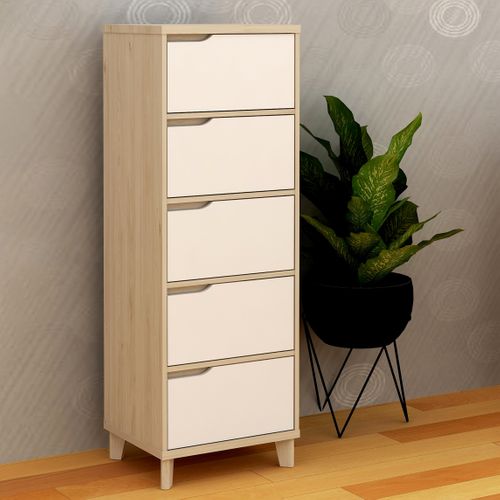 Chiffonnier 5 tiroirs Nordic imitation chêne et blanc