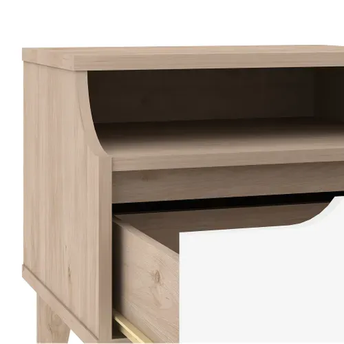 Chevet 1 tiroir 1 niche Nordic imitation chêne et blanc vue accessoires