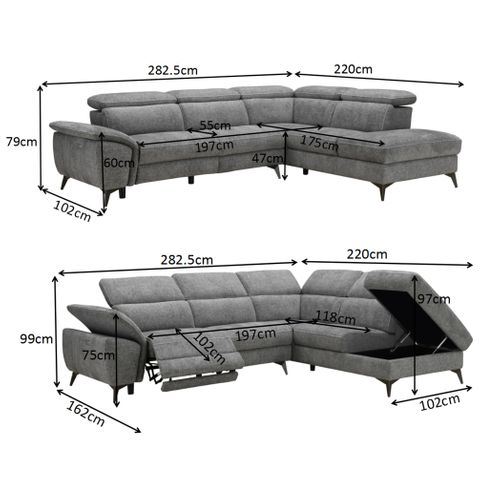 Canapé angle droit relax électrique NEWPORT III tissu gris foncé