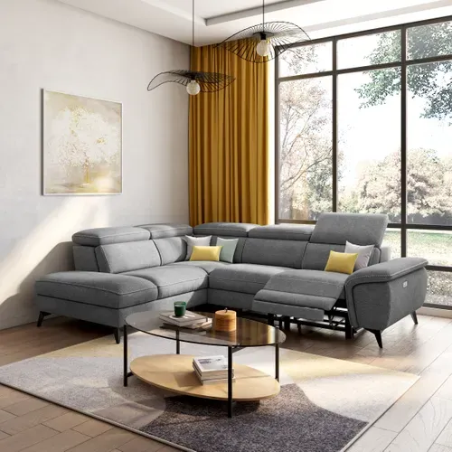 Canapé angle gauche relax électrique NEWPORT III tissu gris clair vue d'ambiance 1