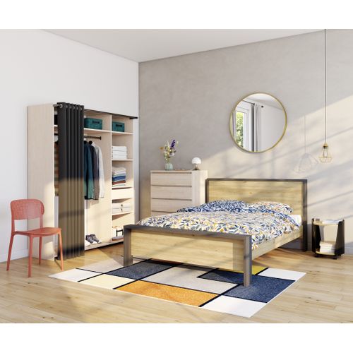 Chevet rond sur roulettes VALS noir/ immitation chêne