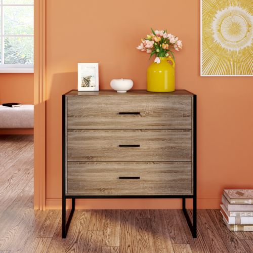 Commode 3 tiroirs CARDIFF imitation chêne vue d'ambiance 1