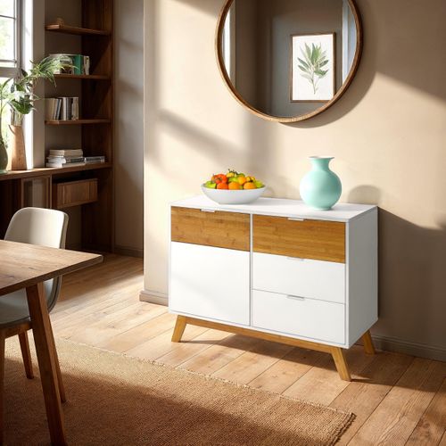 Rangement 1 porte 3 tiroirs ONDINE blanc/bambou