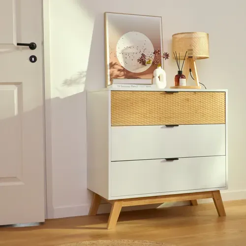 Commode 3 tiroirs L. 80 cm ONDINE blanc/bambou vue d'ambiance 1