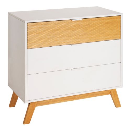 Commode 3 tiroirs L. 80 cm ONDINE blanc/bambou vue 3/4