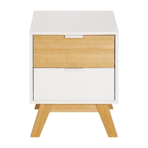 Chevet 2 tiroirs ONDINE blanc/bambou vue de face