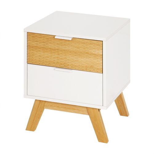 Chevet 2 tiroirs ONDINE blanc/bambou vue de profil