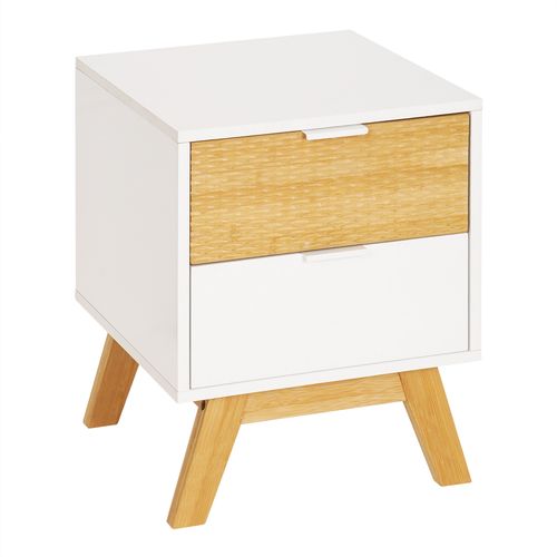 Chevet 2 tiroirs ONDINE blanc/bambou vue 3/4