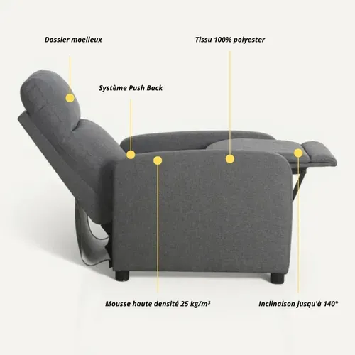Fauteuil relax BONNIE en tissu gris - Système Push Back vue de profil
