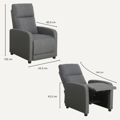 Fauteuil relax BONNIE en tissu gris - Système Push Back