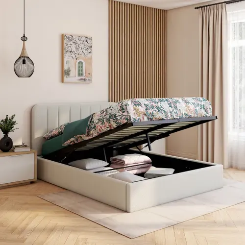 Lit coffre 140x190 cm en tissu bouclette blanc ANNA