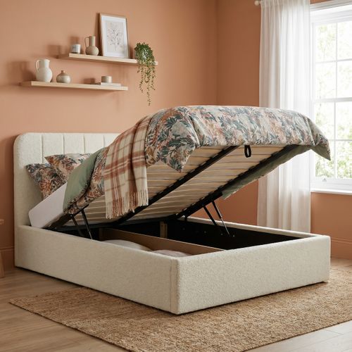 Lit coffre 140x190 cm en tissu bouclette blanc ANNA