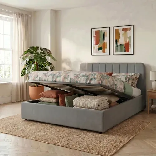 Lit coffre 140x190 cm en velours gris ANNA