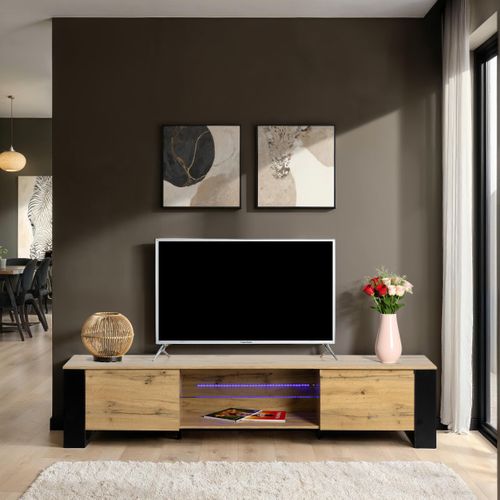 Meuble TV LED L200cm MARIELLE Imitation chêne et noir vue d'ambiance 1