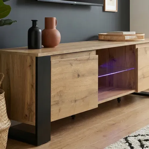 Meuble TV LED L200cm MARIELLE Imitation chêne et noir