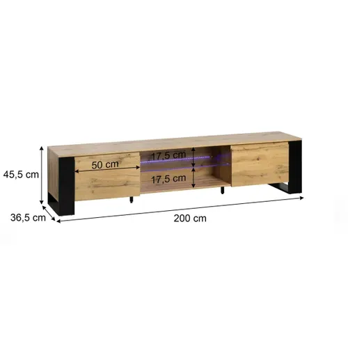 Meuble TV LED L200cm MARIELLE Imitation chêne et noir