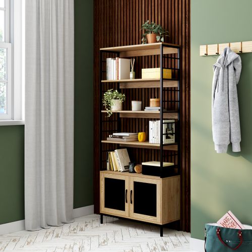 Bibliothèque 2 portes MIREILLE imitation chêne et noir vue d'ambiance 1