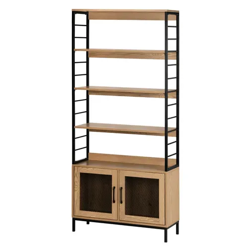 Bibliothèque 2 portes MIREILLE imitation chêne et noir vue de profil