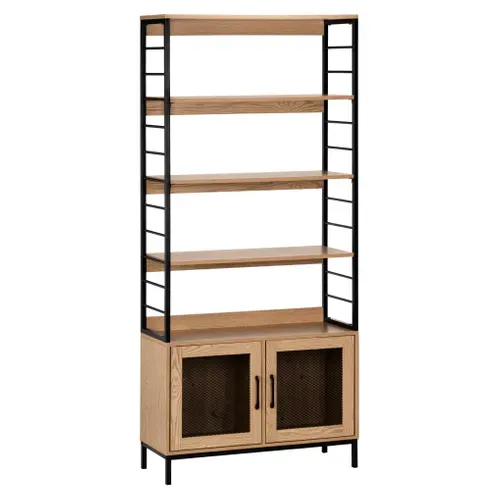 Bibliothèque 2 portes MIREILLE imitation chêne et noir vue 3/4