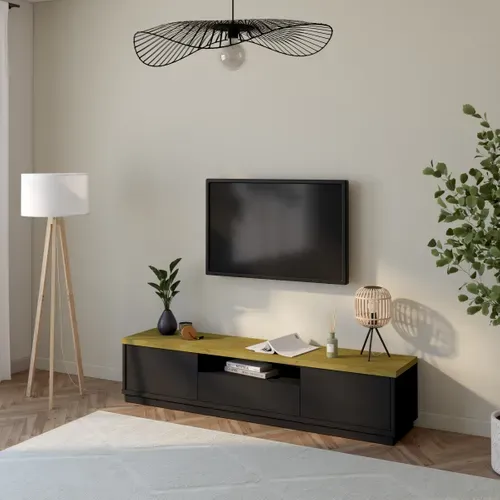 Meuble TV MYSEN imitation chêne et noir vue d'ambiance 1