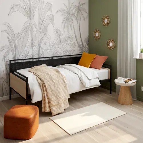 Lit banquette 90x190 cm OSKAR métal noir et imitation chêne