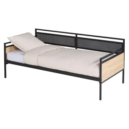 Lit banquette 90x190 cm OSKAR métal noir et imitation chêne