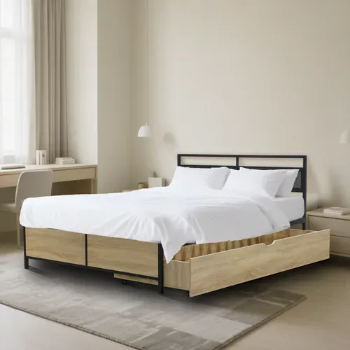 Lit 140x190 cm OSKAR métal noir et imitation chêne