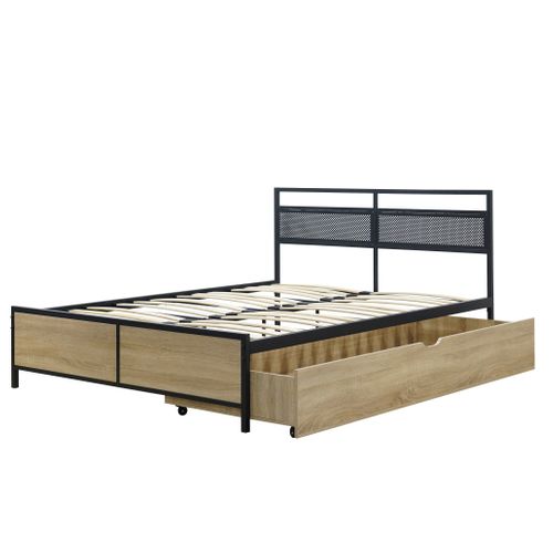Lit 140x190 cm OSKAR métal noir et imitation chêne
