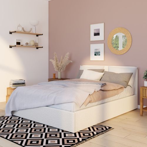 Lit coffre 140x190 cm tissu bouclette beige LYLA vue d'ambiance 1