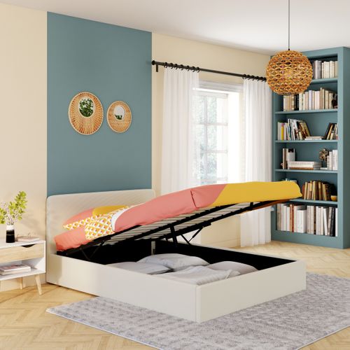 Lit coffre 140x190 cm velours côtelé beige LYLA