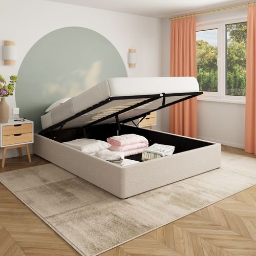 Lit coffre 140x190 cm avec sommier relevable PARMA tissu bouclette gris clair vue d'ambiance 1