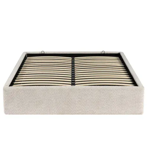 Lit coffre 140x190 cm avec sommier relevable PARMA tissu bouclette gris clair vue de face