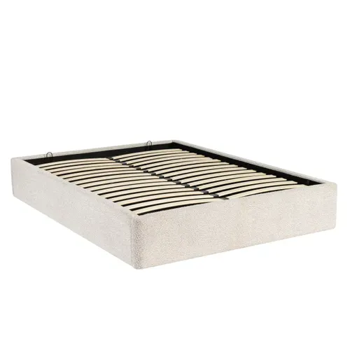 Lit coffre 140x190 cm avec sommier relevable PARMA tissu bouclette gris clair vue 3/4